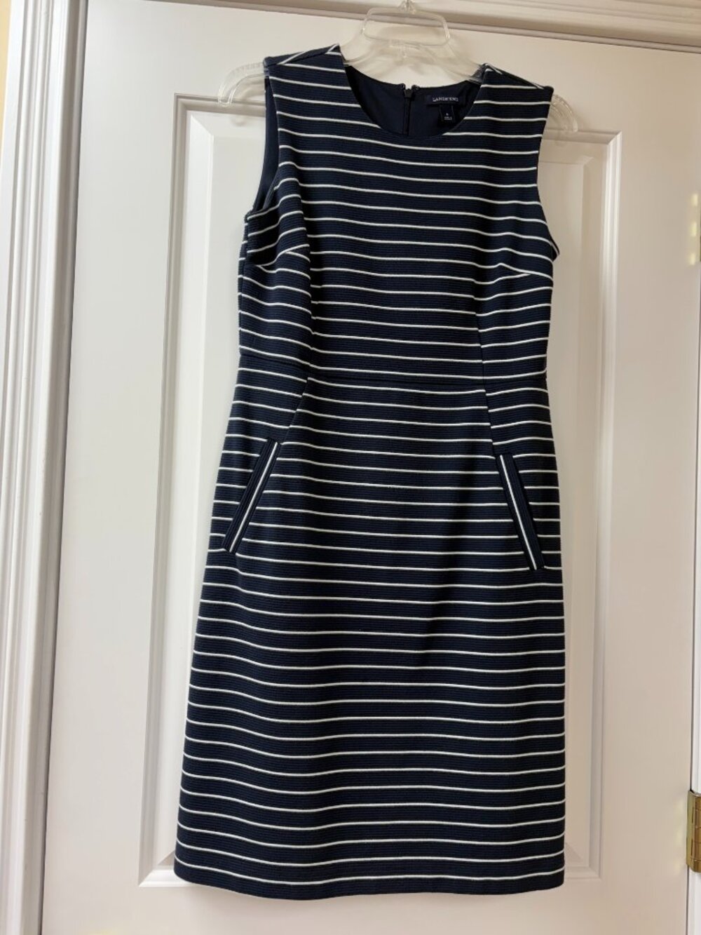 Lands' End Size 6 Navy White Striped Ribbed Sheath Dress Sleeveless Pockets Naut